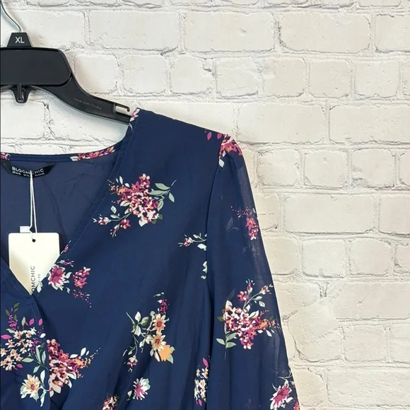 BloomChic Blue and Pink Floral Long Sleeve Sheer Overlay Dress - Picture 3 of 7